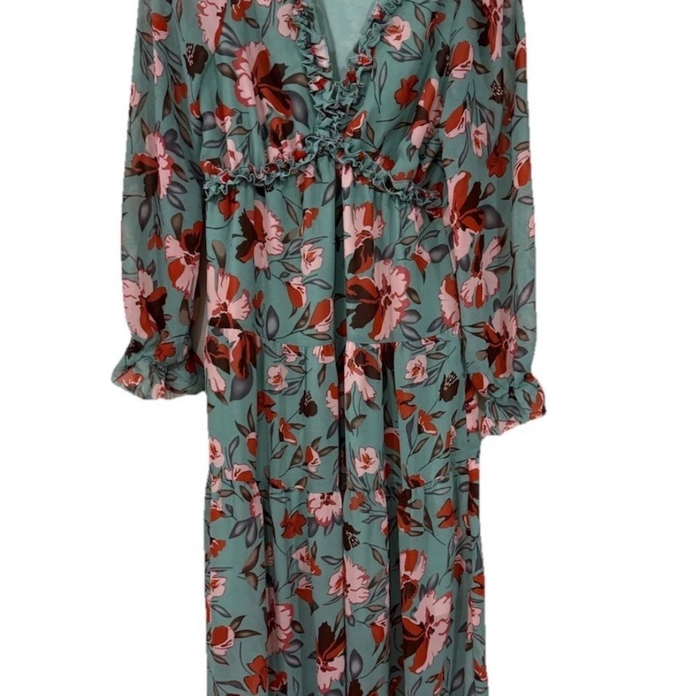 Sage Green Floral Ruffle Maxi Dress - Long Sleeve